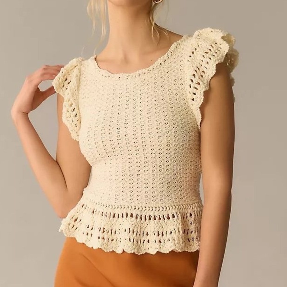 By Anthropologie Flutter-Sleeve Crochet Sweater Top Ivory Cream XL OB1659180